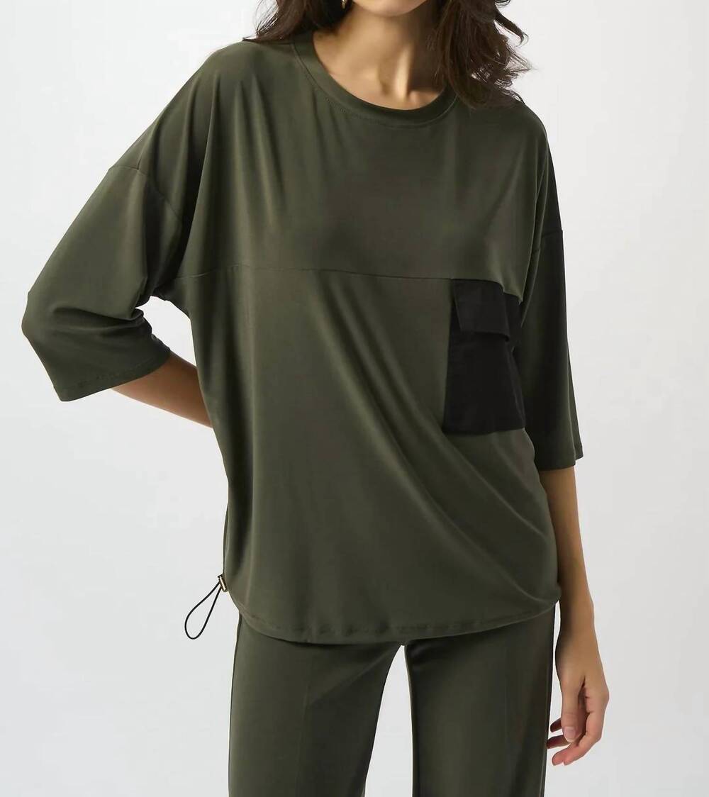 NEW JOSEPH RIBKOFF scoop neckline 3/4 sleeves cocoon top in avocado/black
